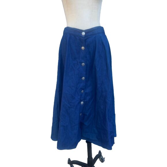 Vintage Western Skirt Womens Medium Blue Chambray Midi Nickel Button Cowgirl - Picture 2 of 12